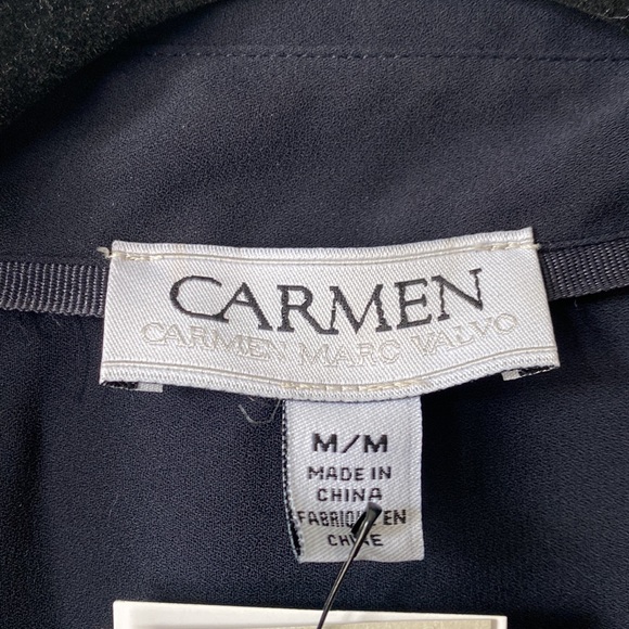 Carmen Marc Valvo - Black/Dark Navy Blue Color Button V-Neck Front Flowy Blouse - Picture 6 of 6